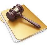 LAW hammer on computer folder. 3D Icon isolated on white backgro LAW hammer on computer folder. 3D Icon isolated on white background